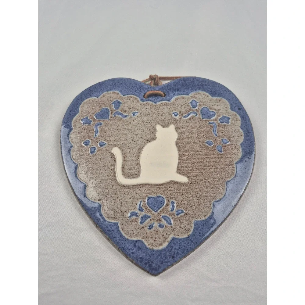 Vintage Handmade Pottery Heart Wall Plaque Cat Blue Ceramic Hanging Folk Art